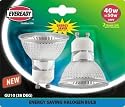 10 x GU10 Energy saving halogen 50 watt equivalent dimmable light bulbs. Standard GU10 size and shape. Eveready branded.
