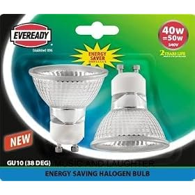 10 x GU10 Dimmable 50 watt equivalent energy saving halogen "Eco" bulbs by Eveready.