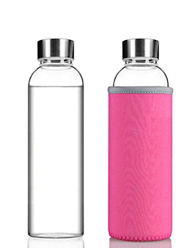 July Sky Stylish Portable Borosilicate Glass Water Bottle(12.6OZ) with Colorful Protective Bag(Pink)