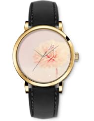SPRAWL Aanalog Fashion Series Gold Ladies Watches of Genuine Black Leather Strap,Unique Wrist Watch for Women Girls Designed with Little girl in flower