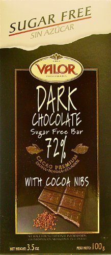 Valor Sugar Free 72% Dark Chocolate with Cocoa Nibs, 3.5-Ounce Bars (Pack of 17)