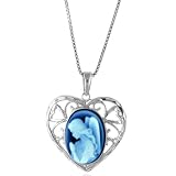 Sterling Silver Heart Shaped Filigree Frame 14X10mm Blue Agate Angel Cameo Pendant w/18 Chain