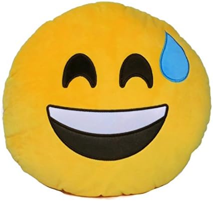 Decorative Soft Plush Stuffed Yellow Emoji Smiley Emoticon Room Decor Throw Pillows (Sweating)