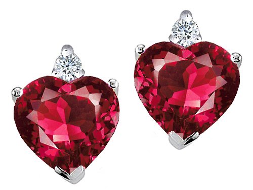 2.14 cts Heart Shape Created Ruby and Genuine Diamonds Earring Studs - 14kt White or Yellow Gold