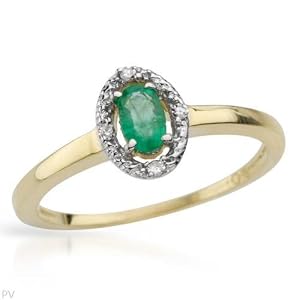 Ring With Precious Stones - Genuine Diamonds and Emerald in Yellow Gold- Size 7 (Size 7)