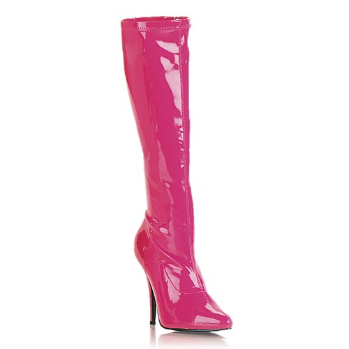 5 Inch Sexy Knee High Boot High Heeled Boot With Side Zip Stretch Patent Hot Pink