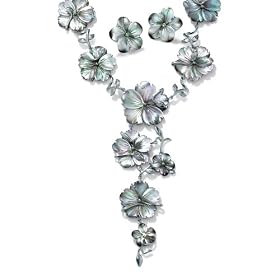 Silvertone Metal Black Mother-of-Pearl Flower Necklace and Pierced Earring Set