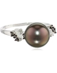 10k White Gold Black Tahitian Cultured Pearl with Diamond-Accent Ring (1/8 cttw, H-I Color, I2-I3 Clarity)