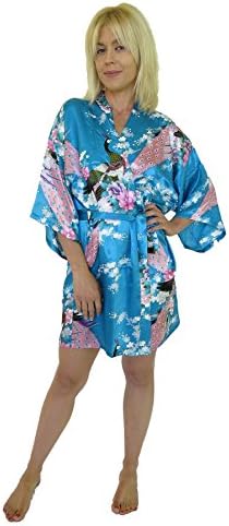 Russotti Women's Kimono Robe, Peacock Design, Short (Large/X-Large, Lake Blue)