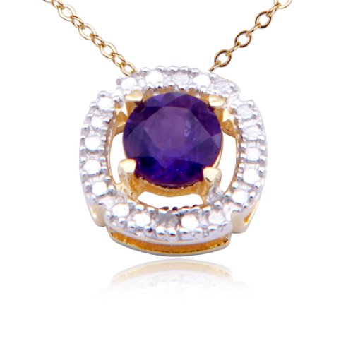 18k Yellow Gold Plated Sterling Silver Amethyst and Diamond Accent Round Pendant, 18"