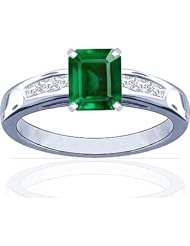 14K White Gold Emerald Cut Emerald Ring With Sidestones