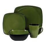 Corelle Hearthstone Stoneware Square 16-Piece Dinnerware Set, Service for 4, Bay Leaf Green