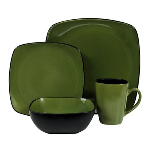 Corelle Hearthstone Stoneware Square 16Piece Dinnerware Set, Service for 4, Bay Leaf Green