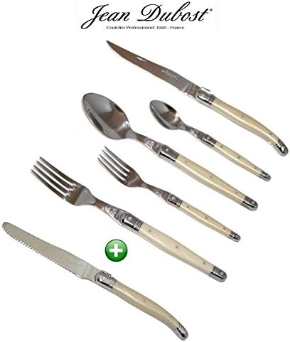 LAGUIOLE Dubost - Complete 24 Pieces Flatware Set for 4 People - PEARL (New 6-Pcs Per Person Place Setting : Includes Exclusive Round Tip Table/Butter Knife) - In Heavier 25/10 Stainless Steel (Original French Cream White Color Full Family Quality Cutlery Table Dinner Setting - Direct From France)