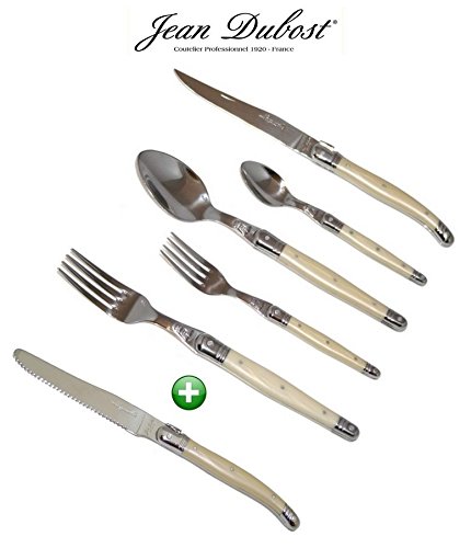 LAGUIOLE Dubost - Complete 24 Pieces Flatware Set for 4 People - PEARL (New 6-Pcs Per Person Place Setting : Includes Exclusive Round Tip Table/Butter Knife) - In Heavier 25/10 Stainless Steel (Original French Cream White Color Full Family Quality Cutlery Table Dinner Setting - Direct From France)
