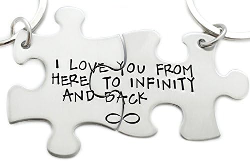 I Love You From Here To Infinity And Back Puzzle Piece Keychain Set of 2 - Hand Stamped Key Chain