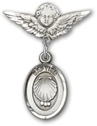 Sterling Silver Baby Badge with Baptism Charm and Angel w/Wings Badge Pin