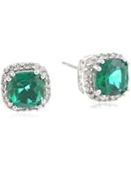 10k White Gold, May Birthstone, Created Emerald and Diamond Cushion Earrings