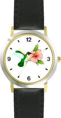 Red Throated Hummingbird or Humming Bird and Pink Hibiscus Flower - JP - WATCHBUDDY® DELUXE TWO-TONE THEME WATCH - Arabic Numbers - Black Leather Strap-Size-Large ( Men