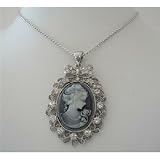 Victorian Cameo Lady Pendant Necklace Sparkling Silver Casting Frame w/ CZ Surrounded Necklace (BRAND NEW)