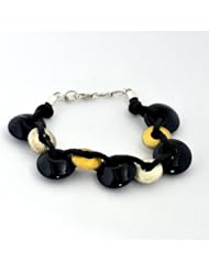 Sterling Silver Bracelet Bangle Donut Gold Plated Black Onyx Gem Stone Adjustable Chain Lock Jewelry