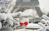Wallmonkeys Peel and Stick Wall Decals - Rare Snowy Day in Paris. Decorated Christmas Tree and the Eiffel - Removable Graphic