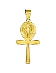 14K Gold Egyptian Ankh Cross Tree of Life Pendant