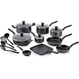 T-fal A821SI Initiatives Nonstick Inside and Out Dishwasher Safe Oven Safe Cookware Set, 18-Piece, Charcoal