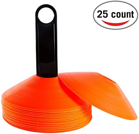 Yogree Agility Disc Cone Set of 25 - Perfect For Soccer, Football &amp; Any Ball Game To Mark - Disc Training Cones - Mini Cones - Field Markers w/ Plastic Holder Orange