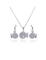Nickel Free Sterling Silver Pendant & Earring Sets CZ Covered Fish Set