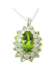 Unusual Luxury Ladies Solid White 9K Gold Natural Large Peridot & Opal 3 Tier Cluster Pendant Necklace with English Hallmarks - Ideal for Christmas, Birthday, Anniversary or Mothers Day Gift