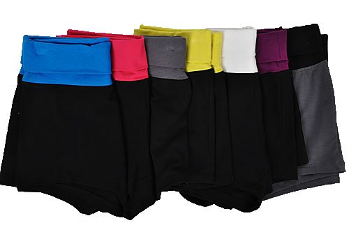 Yoga Athletic Fitness Shorts with Contrast Color Fold Over Waist, Junior Sizes S-M-L, 7 Colors. 92% Cotton 8% Lycra Spandex