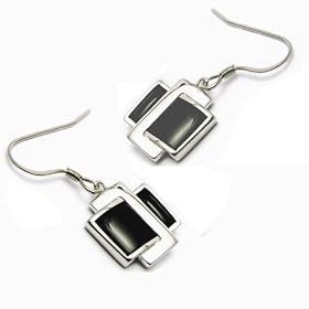 JS.UK Sterling Silver Ladies Belt Link Onyx Drop Earrings
