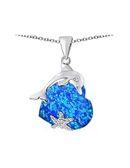 Original Star K (tm) Lucky Dolphin and StarFish Pendant with Heart Shape Created Blue Opal in 925 Sterling Silver