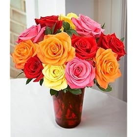 Valentine's Day Flowers - Dozen Assorted Roses with Vase