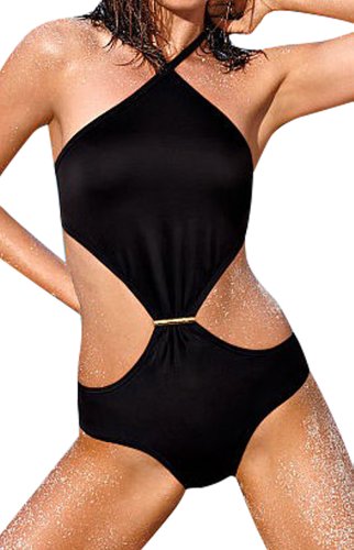 Akee 2014 Sexy One Piece Cutout Swimsuit Halter Tie Back Black L