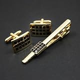 FashionOn Designer Formal Contemporary Gp Gold Checker Tie Bar and Cuff Links Set with Box