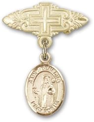 14kt Gold Baby Badge with St. Benedict Charm and Badge Pin with Cross