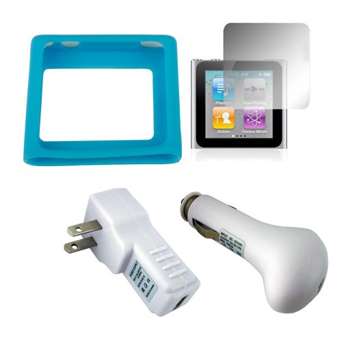 Skque Blue Silicone Skin Case for Apple iPod Nano 6G + Screen Protector+Wall+CAR Charger