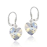 Sterling Silver Leverback Earrings with Aurore Boreale Swarovski Elements Heart Drop
