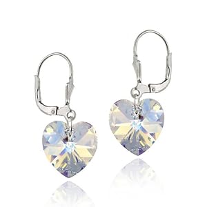Sterling Silver Leverback Earrings with Aurore Boreale Swarovski Elements Heart Drop