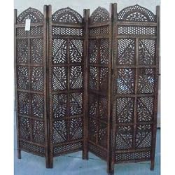 Finely Carved 4- Panel Wood Privacy Screen