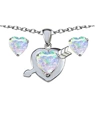 Original Star K (tm) Created Heart Shape 7mm Opal Heart with Arrow Pendant Box Set with matching earrings in 925 Sterling Silver