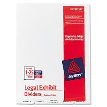 Avery Avery-Style Bottom Tab Dividers, 26-Tab, Legal Exhibit 1-25, 8.5 x11 Inches, White, 26 per Set (11378)