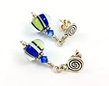 Sterling Silver Lampwork Post Earrings Blue and Green Striped