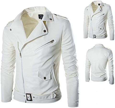 Neu Men's Jacket Diagonal Zipper Slim Fit Leather Motorcycle Jacket Leather British Fashion (XXL, White)
