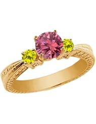 0.99 Ct Round Pink and Canary Diamond 14K Yellow Gold 3-Stone Ring
