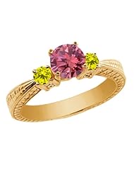 0.99 Ct Round Pink and Canary Diamond 14K Yellow Gold 3-Stone Ring