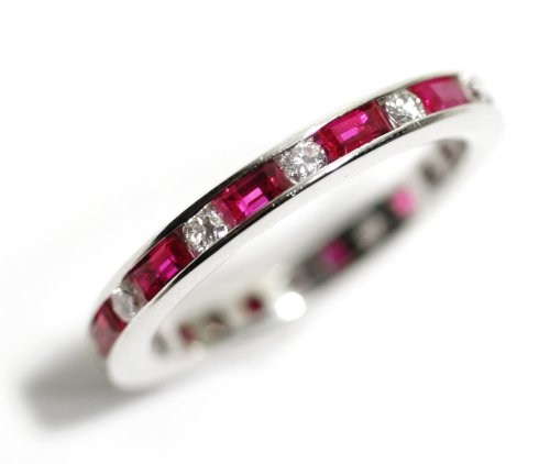Round Brilliant Shape Diamond and Baguette Shape Ruby Set Full Circle Eternity Wedding or Stacking Band Ring Size 4 (T.w 1.36)