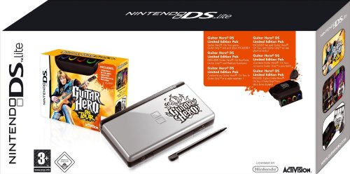 Childrens Toyshop   : Console DS lite argent et noire + jeu Guitar Hero On Tour + 1 guitare grip + 1 stylet médiator